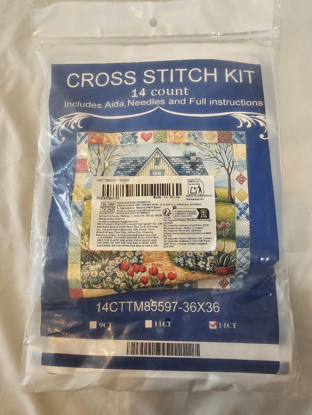 NWT Stamped Cross Stitch Kit of a Spring Home Scene - 14ct Aida